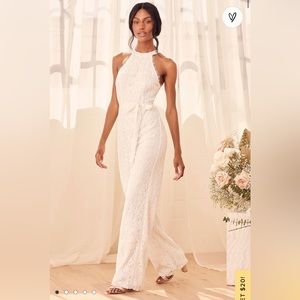 White Lace Halter Wide-Leg Jumpsuit